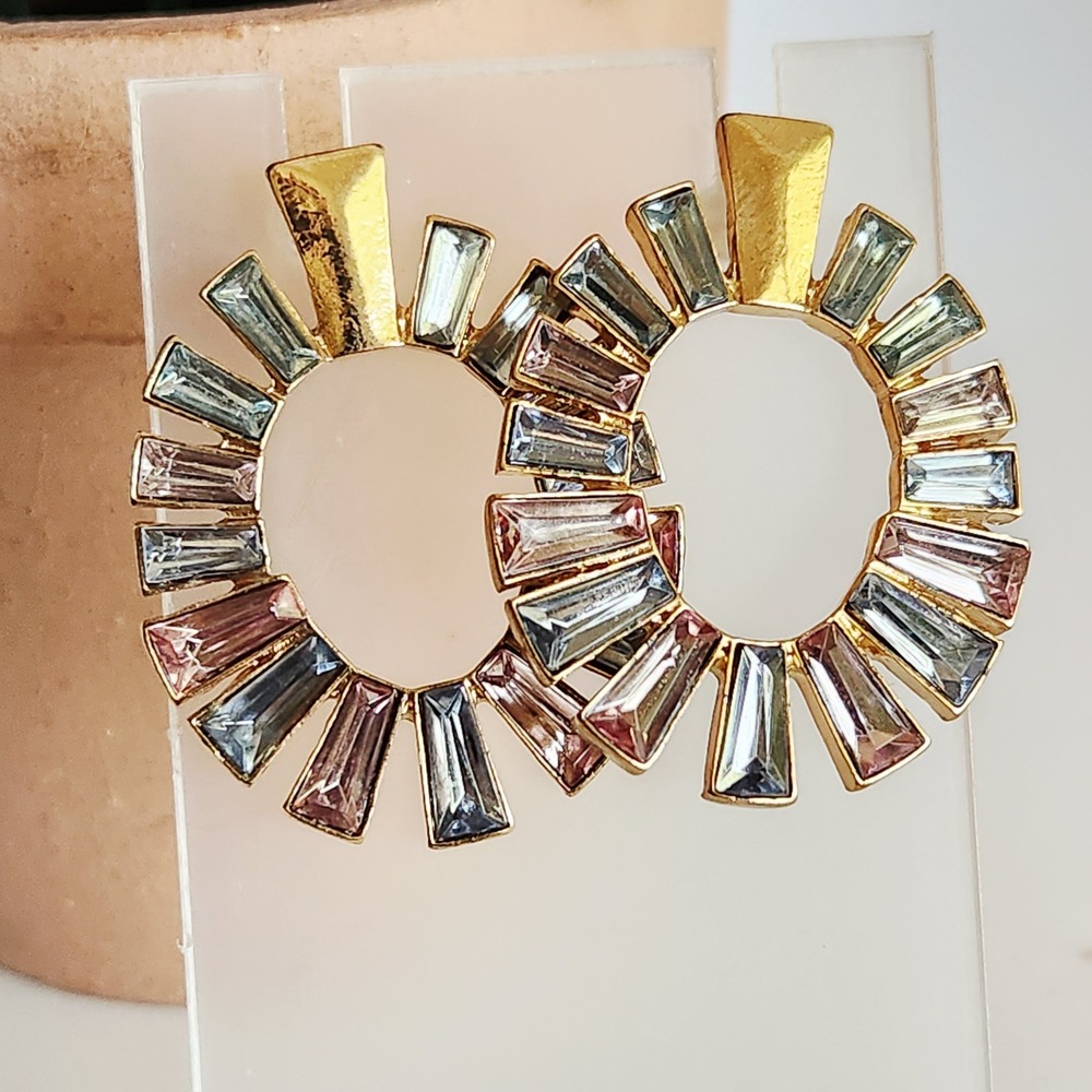 Gold Tone Pastel Baguette Crystal Wreath Sunburst Stud Earrings Multi Color